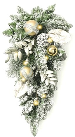 Valery Madelyn 61cm/24 Zoll Weihnachten Teardrop Swag groß mit 20 Led Timer, Weihnachten Swag mit Christmas Weiß Goldkugeln Tannenzapfen für Haustür, Treppe, Veranda, Outdoor, Fenster, Tischdeko