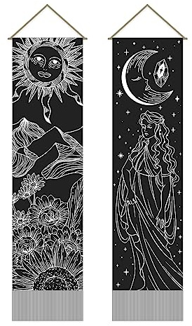 AHANDMAKER Tapisserie mit Tarot-Motiv, Sonne und Mond, psychedelischer Wandteppich, Kunst, mystische Gothic-Wanddekoration für Wohnzimmer und Schlafzimmer (130 x 33 cm), 2 Stück
