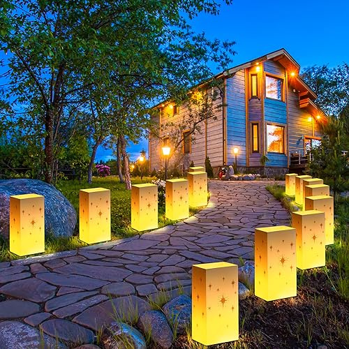 Zhengmy 20 Set Reusable LED Waterproof Luminary Bags, Outdoor Luminaries Bags with LED Fairy Lights Water Box, Luminary Lights for Christmas Wedding Party(Star)
