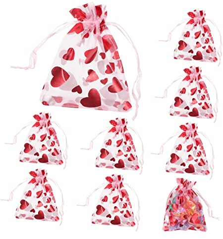 FRCOLOR 100stücke Organzabeutel Mit Herzmotiv Kleine Geschenkbeutel Satinzug Für Schmuck Süßigkeiten Valentinstag Hochzeit Party Vielseitig Verwendbar