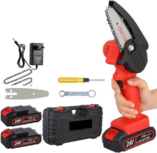 Motosega a Batteria, Mini Sega Elettrica, Doppia Batteria 24V con Chiusura di Sicurezza e 2 Catene, Elettro sega Portatile Per Potatura Taglia Rami Taglio del Legno.
