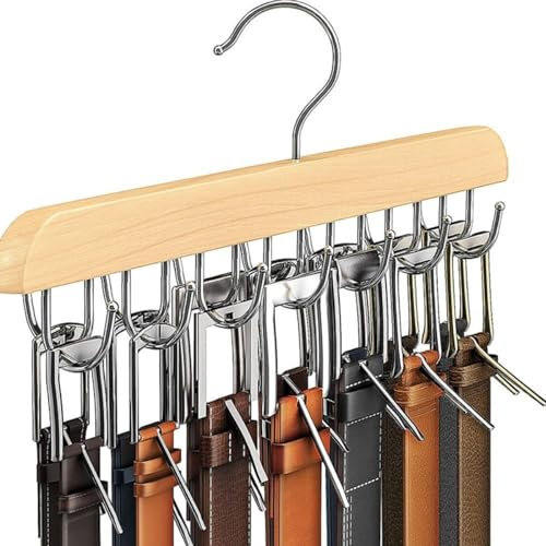 Hoquare Belt Hanger for Closet, Sturdy Wood Belt Rack Closet Accessories with 14 Hooks, Space Saving Rack Belt Display Holder, Belt Organizer Hanging Storage for Tie Belt Scarf