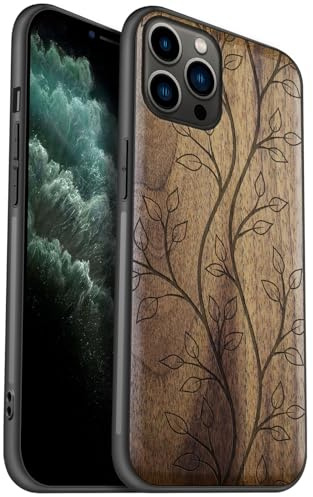 Carveit Coque en Bois pour iPhone 11 Pro Étui Protection Artistique Cover TPU Souple de téléphone Antichoc Compatible avec Apple 11 Pro Etui (Noyer-L'essence du Feuillage)