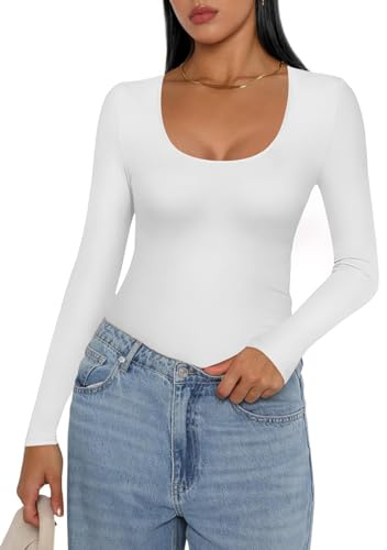 Ekouaer Tee Shirt Thermique Femme Hiver col Rond Sexy Haut Thermique Femme Blanc M