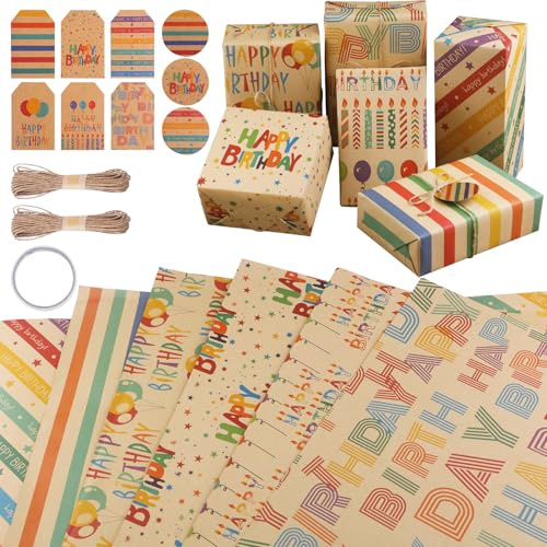 Zindoo Papel de regalo de cumpleaños, juego de 6 hojas de 50 x 70 cm y 20 m de cuerda de papel, 9 etiquetas, colorido y resistente, regalo de cumpleaños reciclado para niña, niño, mujer, hombre y