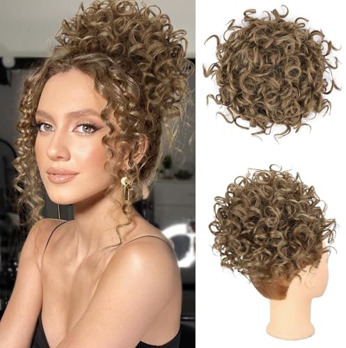 AOWVUTS Haarteil Dutt Messy Bun Kurze Lockige Pferdeschwanzverlängerung mit Elastischer Kordelzug Welle Pferdeschwanz Haarteil Synthetik Haar Scrunchies Groß Dutt Haare Bun Haarverlängerung