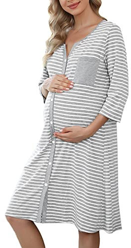 Marvmys Chemise de Nuit Allaitement Maternité 3/4 Manche Rayé Boutonnée | Robe de Nuit pour Grossesse Femme