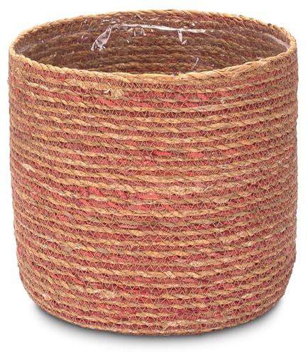 Decorasian Seegras Blumentopf – Übertopf geflochten – dekorativer Planzenkorb mit Folieneinsatz im Boho Stil - Natur/pink, 24cm
