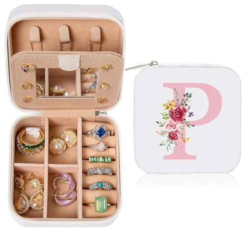 Kleine Schmuckschatulle, Initiale Schmuckkästchen Travel Organizer Box, Weihnachten Muttertag Geburtstage Hochzeit Geschenke für Freundin Mama Kollegin Braut Schwester Brautjungfer Tochter, Weiß