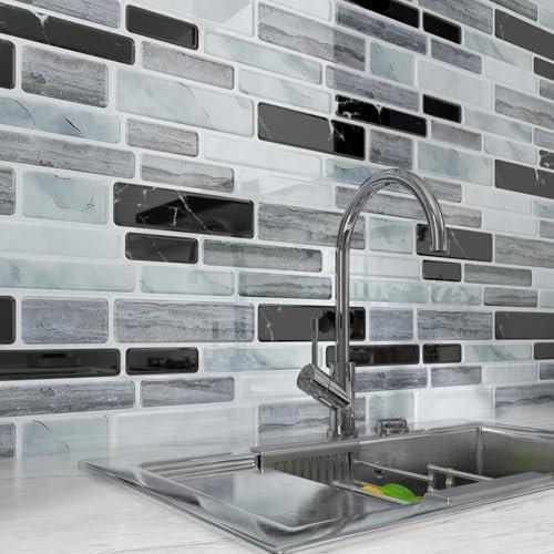LaCheery Credence Adhesive pour Cuisine Marbre Noir Gris Carreaux Adhesif Salle de Bain Imperméable Carrelage Adhesif Mural 3D Autocollant Vinyle Stickers Carrelage Marbre 4 Pièces 30.5cm x 30.5cm