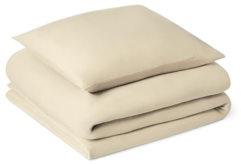 Amazon Basics Bettwäsche 135x200 2teilig Vorgewaschene Mikrofaser, Extra Weich mit Knitter-Look, Bügelfrei, Bettbezug 135x200 cm & 1 Kissenbezug 80x80 cm, Beige