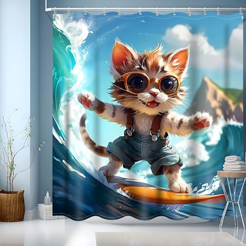 NEJLCTOROUS Funny Cat Shower Curtain 180x200cm, Cute Cartoon Bathtub Curtain, Sea Ocean Wave Bath Curtain,Polyester Waterproof Bathroom Curtains for Children Bathroom with Hooks