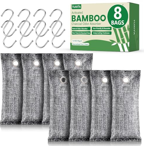 TUXIYA 8Pack Activated Charcoal Odor Absorber, Odor Eliminator for Strong 0dor,Shoe Deodorizer,Bamboo Charcoal Air Purifying For in Car,Closet,Shoe, Basement(50g/1.77oz Each)