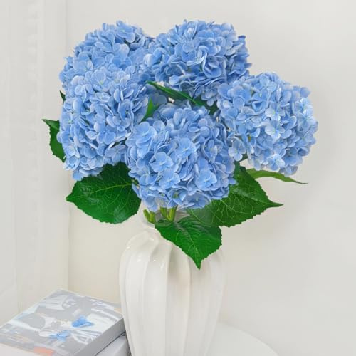 6 flores artificiales de hortensias azules de tacto real con tallos, flores artificiales de seda para exteriores, flores artificiales para decoración del hogar, ramos de boda, centros de mesa, jarrón