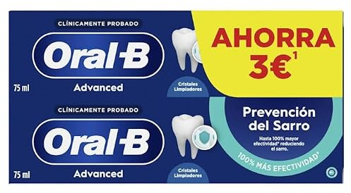 Oral-B Advanced Prevención Del Sarro Pasta de Dientes, Pack Ahorro 2x75ml - Dentífrico Antiplaca con Fluoruro de Estaño y Cristales de Limpieza Profunda, Sabor Hierbabuena Dulce