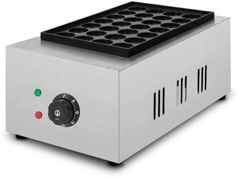 VERTES Takoyaki Maker eléctrica 2000W, carcasa de acero inoxidable, temperatura regulable hasta 300 °C, placa de parrilla de hierro fundido con revestimiento antiadherente, 28 hendiduras redondas