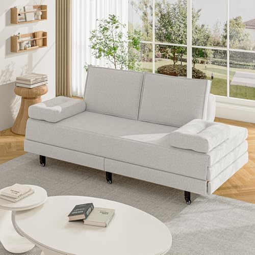 FEEOHOME Schlafsofa 90/180 x 200 cm, Ausziehbett für 2 Sitzer, funktional, ausziehbares Schlafsofa mit Lattenrost, für Wohnzimmer, Schlafzimmer, Leinen (weiß)