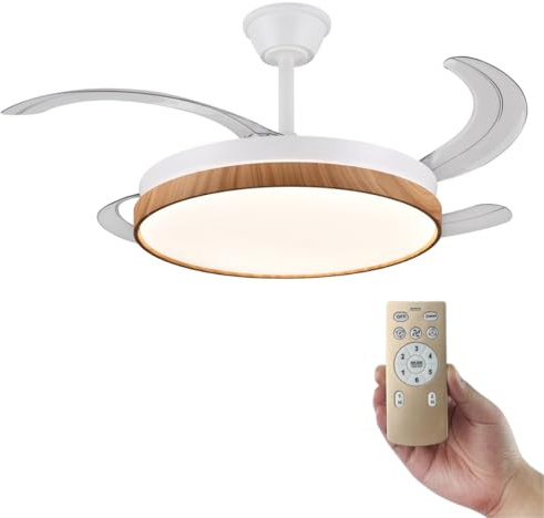 Ventilador de Techo Madera con Luz LED Silencioso - Ventiladores Retractil con Tonos de Luz y Función Verano e Invierno - 30 W Motor DC con 4 Aspas