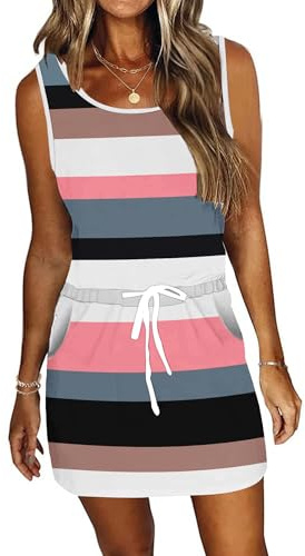 PLMOKEN Abiti Estivi per Donna, Stampa Floreale a Righe, Senza Maniche, da Spiaggia, Mini Abito Prendisole Corto con Tasche, M