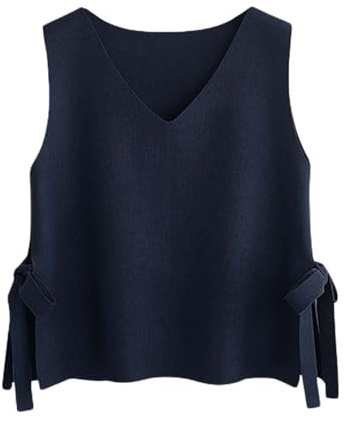 Generisch Gilet pour femme en tricot - Débardeur à col en O - Sans manches - Court - Gilet en tricot uni - Pull en laine - Débardeur ample - Pullover - Veste en tricot - Hiver - Sous-chemise - Pull en