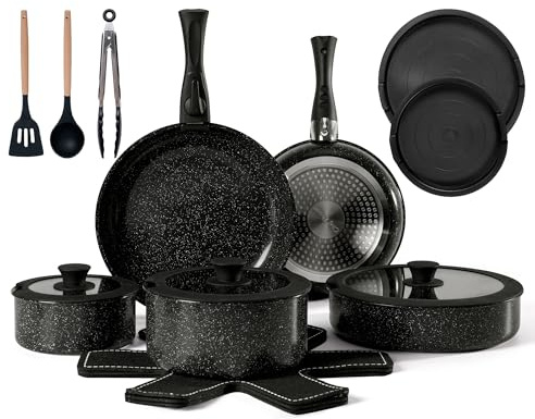 Chef Power 19-Piece Pots and Pans Set Non Stick, Induction Hob Pan Set with Detachable Handles, Ti-Ceramic Nonstick Stackable Cookware Kitchen Set, Dishwasher/Oven Safe, PFAS PFOA & PTFE Free, Black