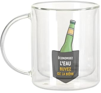 Fabulous Mug Verre Double Paroi - Économisez l'eau Buvez de la bière Poche Suprise Illustration - Tasse a Cafe et The Isotherme 330ml Effet Suspendu Anti-Brulure Imprime en France