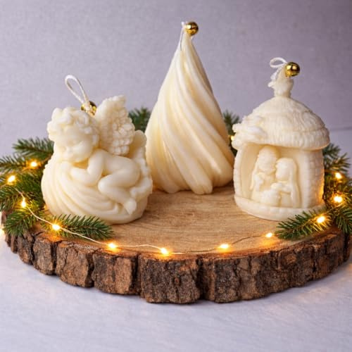Set 3 Candele Natalizie Artigianali in Cera di Soia - Profumazione Vaniglia Delicata - Kit Regalo con Angelo, Presepe e Albero - Ideale come Regalo o Decorazione Tavola per le Feste