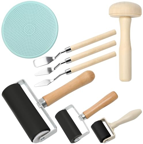 Brayer Roller Kits for Crafts, Printmaking Ink Tools with 3 Size Rubber Roller, 1 Pressure Plate, Mushroom Brayer and 3 Scraper, Print Rollers for Printmaking Craft (3.5/6/10cm)