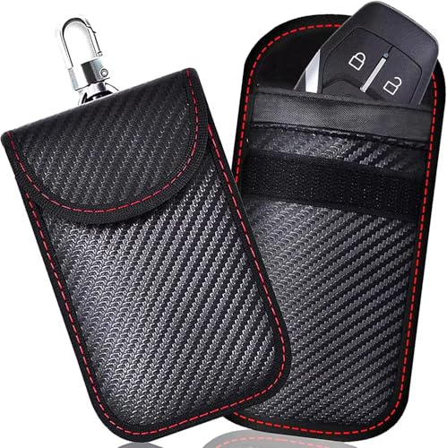 Key4less Faraday Pouch for Car Keys Small Size 3.15 x 4.5 Inch RFID Signal Blocking Key Fob Protector Bag Carbon Fiber Shielded Holder with Hook and Keychain 1 Pack