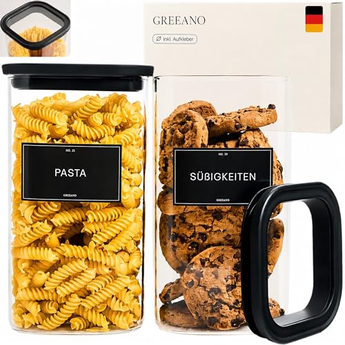 Greeano Vorratsgläser eckig mit Glasdeckel 1500ml [2er Set] – Vorratsdosen Glas luftdicht & mottensicher – Aufbewahrungsgläser Küche für Lebensmittel, Nudeln, Mehl, Müsli, Kaffee