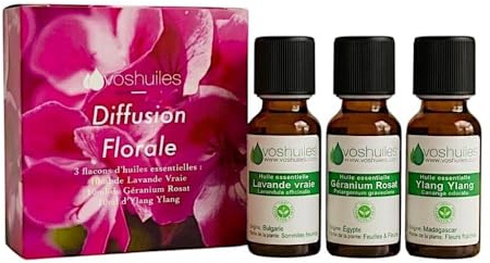 VOSHUILES - Kit Diffusion Florale 3x10ml - Trio d'Huiles Essentielles de Lavande Vraie et Géranium Rosat et Ylang Ylang - Flacons Verre Ambré avec Bouchon de Sécurité