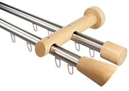 Innenlauf Gardinenstangen 2-läufig aus Aluminium und Holz Farbe Edelstahl Buche, 20 mm, Endstück Digo, 180 cm