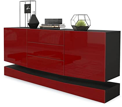 Vladon Sideboard City, Noir Mat/Bordeaux Haute Brillance - Commode Moderne pour Votre Salon (178 x 72 x 38 cm)