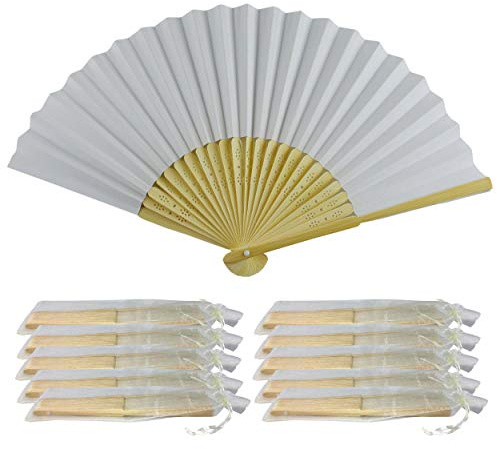 Rangebow White Hand Fans, Pack of 10 Wholesale Paper Hand Fan with Bamboo Ribs Wedding Party Favour Church Gifts PHF06