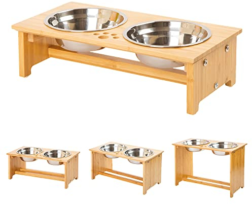 FOREYY Raised Dog Bowls for Cats and Dogs - Bamboo Elevated Dog Cat Food and Water Bowls Stands Feeder Dishes with 2 Stainless Steel Bowls and Anti Slip Feet (Small - 10 cm high)