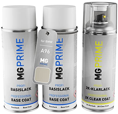 MG PRIME Autolack Set Spraydosen für BMW A96 Mineralweiss Perleffekt +2K | Mineral White Metallic, Set aus Grundlack + Basislack + 2K Klarlack, Sprühdosen 400ml