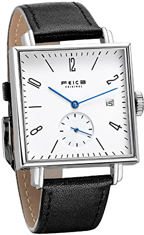 FEICE Quadratische Herrenuhr Bauhaus Automatik Mechanische Uhr Wasserdicht Armbanduhr mit Saphirglas Lederarmband für Damen Unisex -FM301, Schwarz-Datum, Bauhaus, Casual