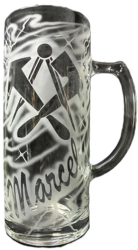 Bierkrug 0,5 l mit Gravur Dachdecker Logo Zunftzeichen und Name personalisiert graviertes Glas Krug graviert Bierglas Bierseidel Glaskrug individuell Geschenk Handwerker