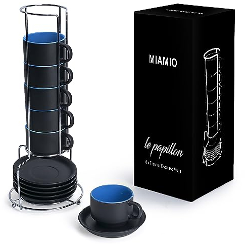 MIAMIO - 75 ml Espresso Cup Set with Saucers Coffee Mug Set of 6 - Ceramic Coffee Mug Stackable Espresso Mug with Stand for Coffee Drinks, Latte, Cafe Mocha - Le Papillon Collection (Blue)
