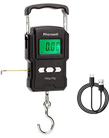 Rhorawill Digitale Kofferwaage, Wiederaufladbar, 165 lb / 75 kg Gepäckwaage Hängewaage Fishing Scale mit Hintergrundbeleuchtetem LCD-Display, Maßband, Geeignet für Reisen, Familienleben und Freien