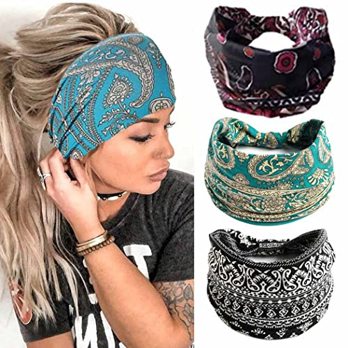 Zoestar Diademas anchas bohemias negras,bandas para el cabello con vintage,envolturas con turbante anudadas,elásticas,gruesas,accesorios para el cabello para mujeres y niñas (paquete de 3)