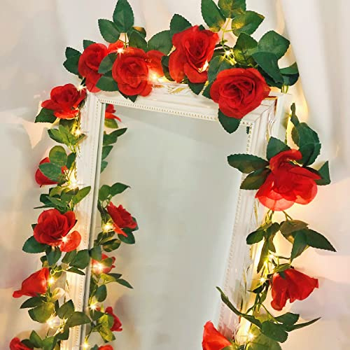 Rose Fee String-Lichter Künstliche Blume Girlande mit LED Kupfer Draht Licht-Saiten,Rose Rebe Lichter Dekor für Weihnachten Hochzeitsblumensträuße-Party-Hauptfenster (Batteriebetrieben, Rot)