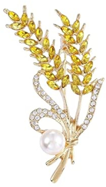 Spilla gioiello fiore pannocchia di grano e perla perlata, acciaio dorato., Acciaio inossidabile