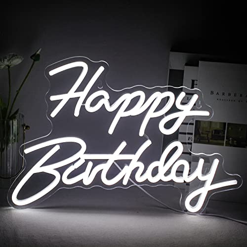 SIGNSHIP Happy Birthday Leuchtreklame Weiß LED Neonlicht für Wanddekoration USB-Power-Brief Neonschild für Zuhause Schlafzimmer Bar Club Geburtstagsfeier Dekoration Geburtstagsgeschenk