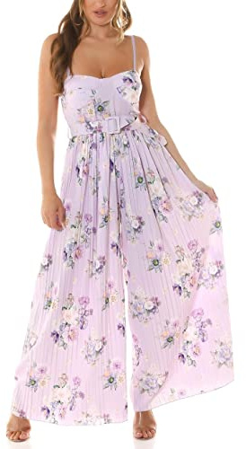 Flower Printed Pleated Extreme Marlene Jumpsuit Overall with Belt, lilac, One Size Einheitsgröße