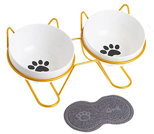 Suppenschüssel, Reisschüssel, Frühstücksschüssel, 2 Katzennäpfe, erhöhte Katzenfutternäpfe aus Keramik for Futter und Wasser, Katzengeschirr mit Edelstahlständer – weiß-goldenes Regal ( Color : Paw pr