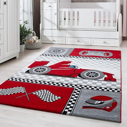 Carpettex Kinderteppich Rennwagen Design Rot 120 x 170 cm - Kurzflor Teppich Kinderzimmer für Mädchen und Jungen Pflegeleicht Weich - Waschbarer Spielteppich Babyteppich Gaming Teppich Babyzimmer