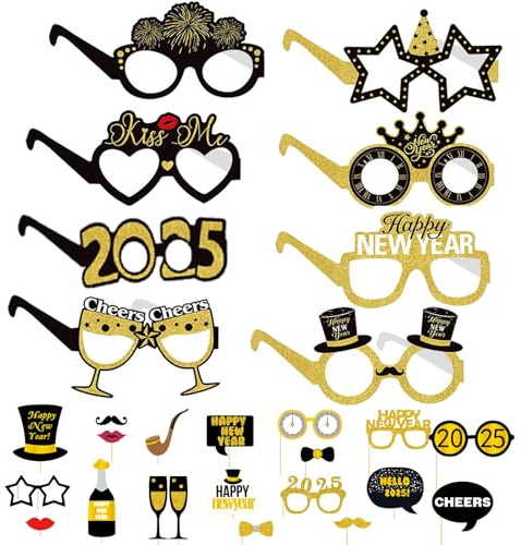 28 Stücke Silvester Brille, Frohes Neues Jahr Brillen, 8 Silvester Brillen mit 20 Fotos Requisiten, Happy New Year Partybrille, Silvester Deko 2025 für Erwachsene und Kinder Happy New Year Deko 2025