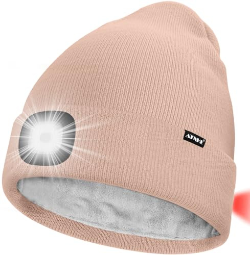 ATNKE Unisex 8 LED Mütze mit Licht,Wiederaufladbare USB Rot Blinkendes Alarm Rücklicht Laufmütze Lampe Winter Warme Gefüttertes Fleece Stricken Mütze für Herren und Damen Geschenke/Skin Pink