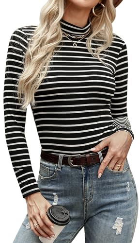 Aottori Damen Langarmshirt Baumwolle Unterwäsche Elegant Rollkragenshirt Stretch Basic Top Thermooberteile Tunika T-Shirt Sexy Frühling Schwarz Streifen S
